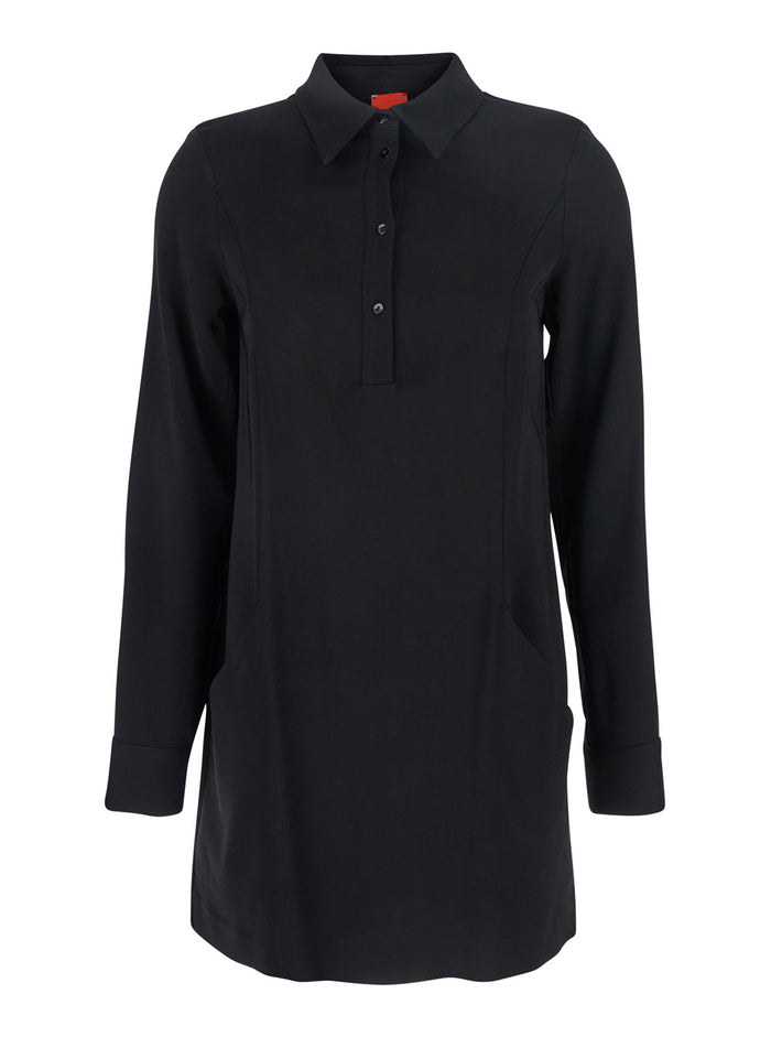 Black Dress With Classic Collar And Front Button Closure Fabric Woman