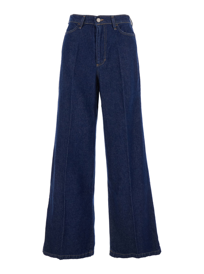 Blue Jeans With Belt Loops And Logo Patch On The Rear Denim Woman Blu