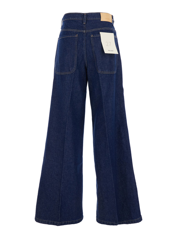 Blue Jeans With Belt Loops And Logo Patch On The Rear Denim Woman Blu