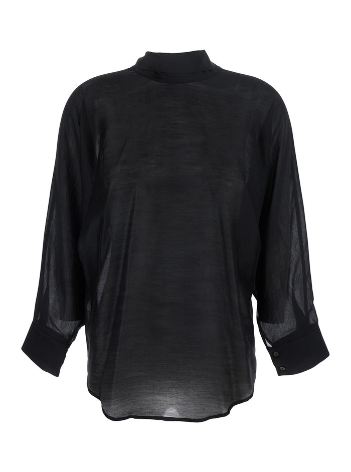 Black Shirt With Pussybow Collar And Buttoned Cuffs Fabric Woman Blouses