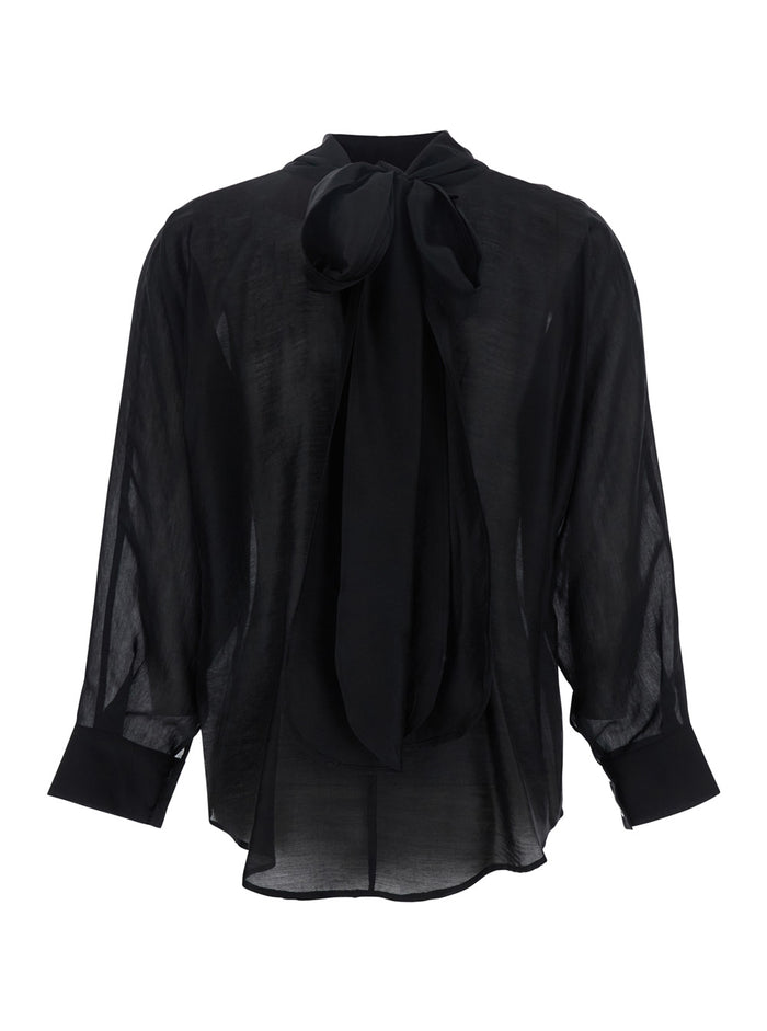 Black Shirt With Pussybow Collar And Buttoned Cuffs Fabric Woman Blouses