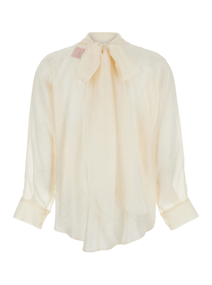 White Shirt With Pussybow Collar And Buttoned Cuffs Fabric Woman Blouses