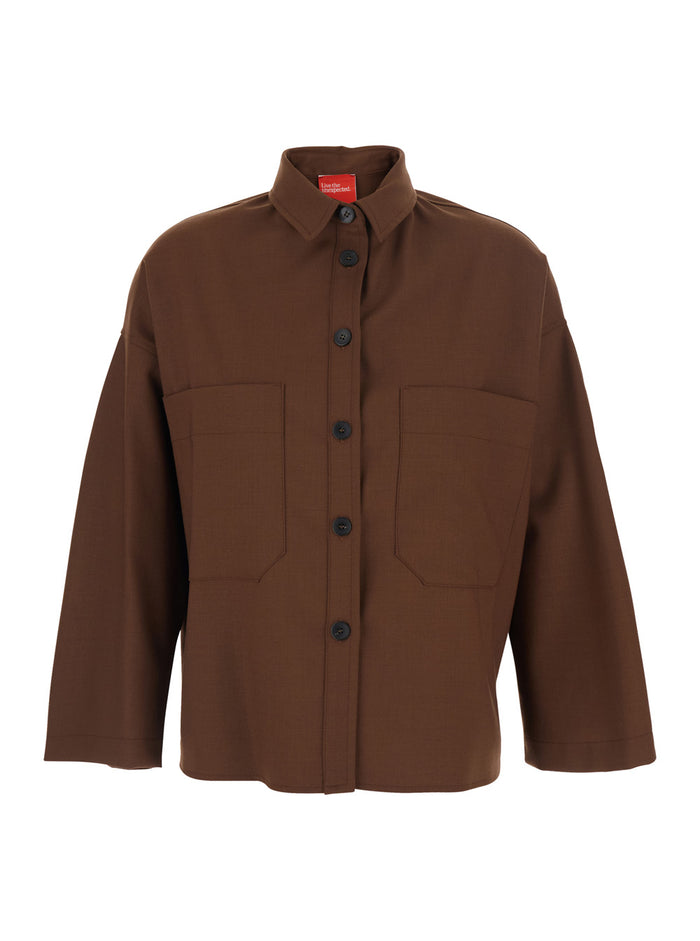 Brown Shirt With Classic Collar And Patch Pockets Cotton Blend Woman Blouses
