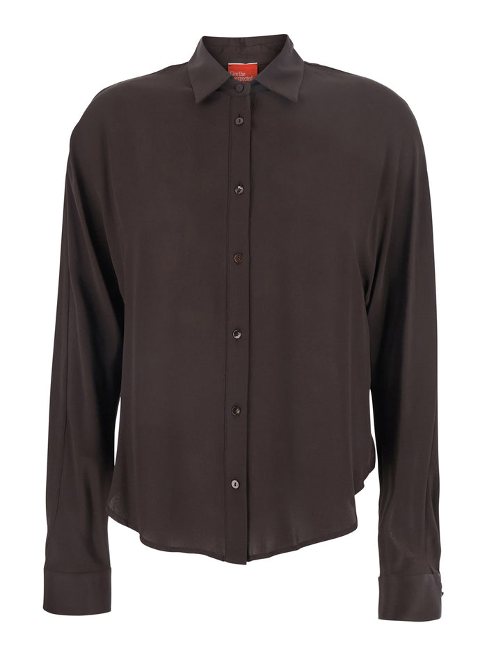 Brown Shirt With Classic Collar Fabric Woman And Blouses