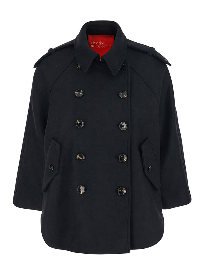 Black Double-Breasted Jacket With Epaulets And Classic Collar Wool Blend Woman