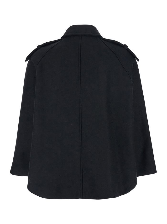 Black Double-Breasted Jacket With Epaulets And Classic Collar Wool Blend Woman