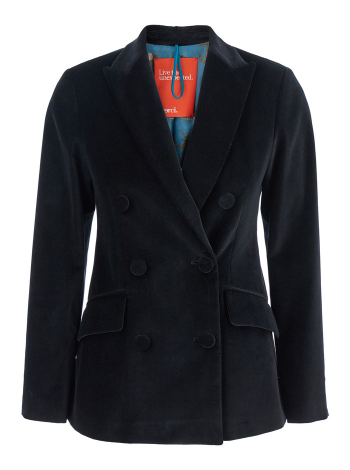 Black Double-Breasted Jacket With Peak Revers Velvet Woman Blazers