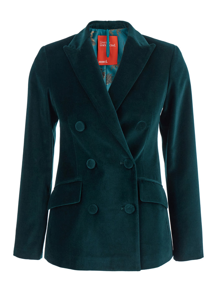 Green Double-Breasted Jacket With Peak Revers Velvet Woman Blazers