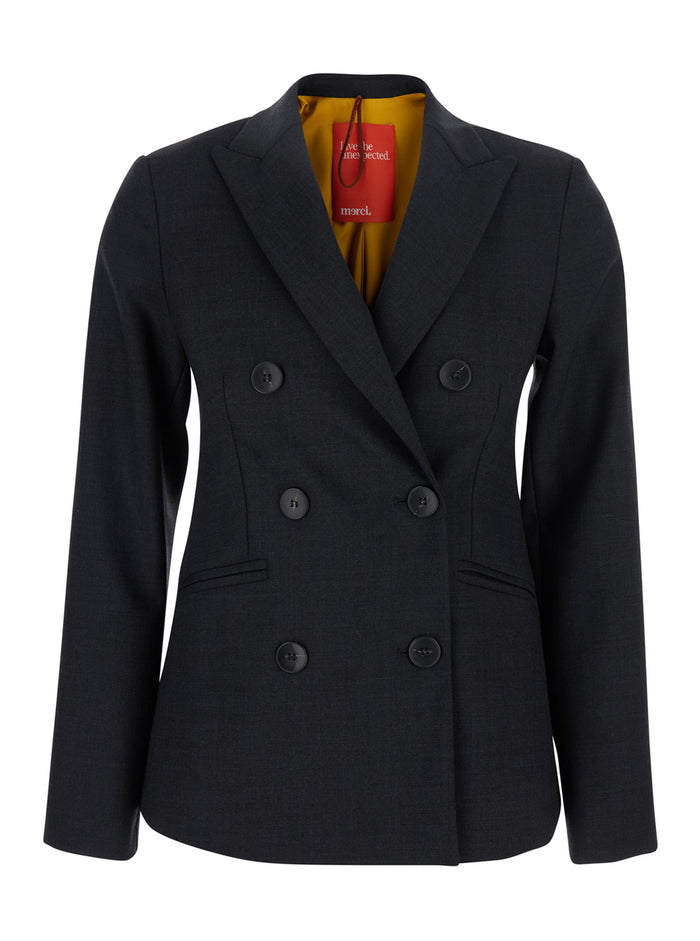 Grey Double-Breasted Jacket With Peak Revers Fabric Woman Blazers