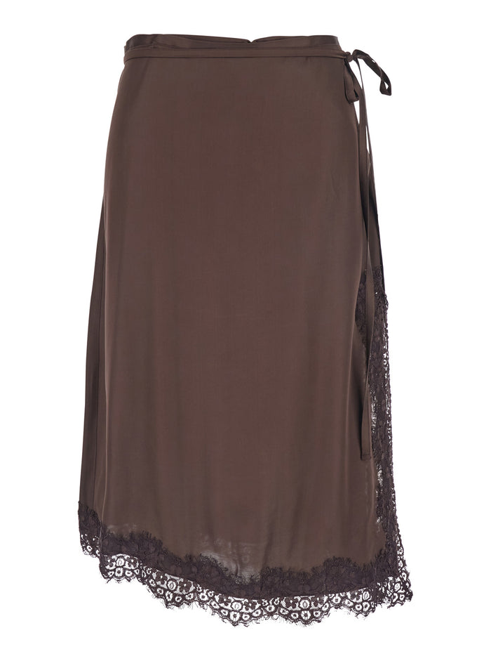 Brown Skirt With Knot At The Waist And Tone-On-Tone Lace Details Fabric Woman