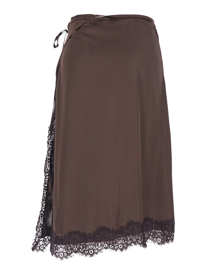 Brown Skirt With Knot At The Waist And Tone-On-Tone Lace Details Fabric Woman