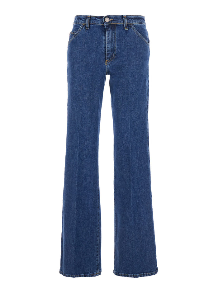 Blue Jeans With Belt Loops And Logo Patch On The Rear Denim Woman Blu