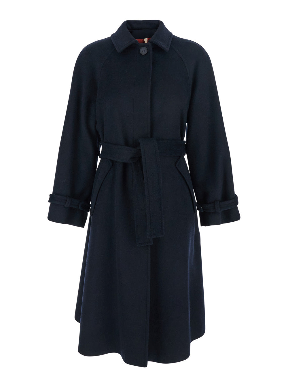 Blue Coat With Classic Collar And Front Belt Fabric Woman Blu
