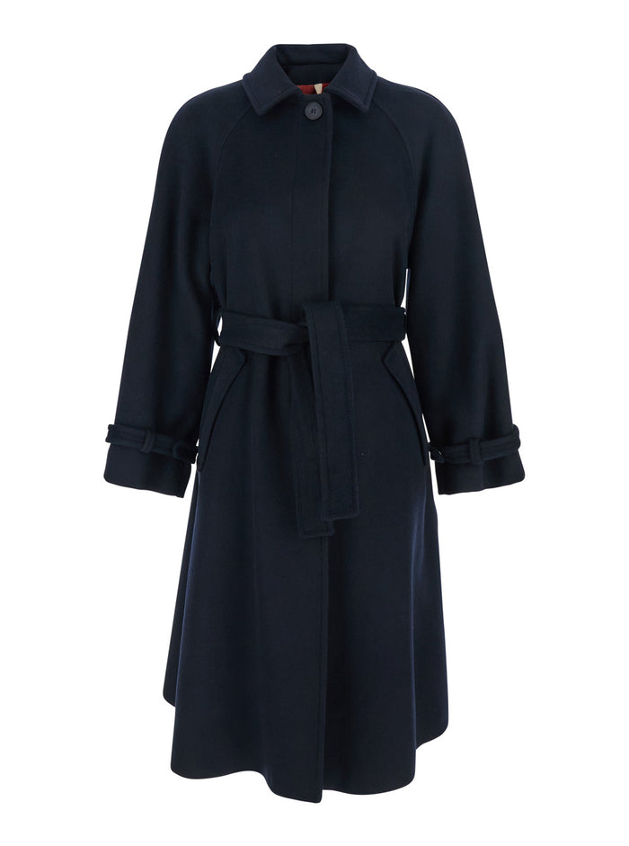 Blue Coat With Classic Collar And Front Belt Fabric Woman Blu