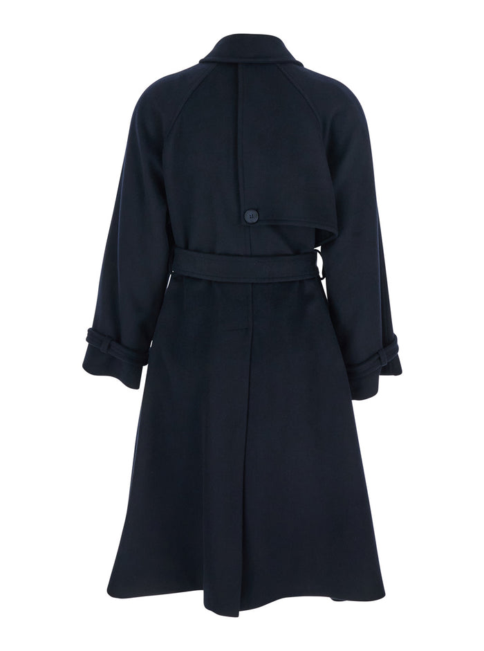 Blue Coat With Classic Collar And Front Belt Fabric Woman Blu