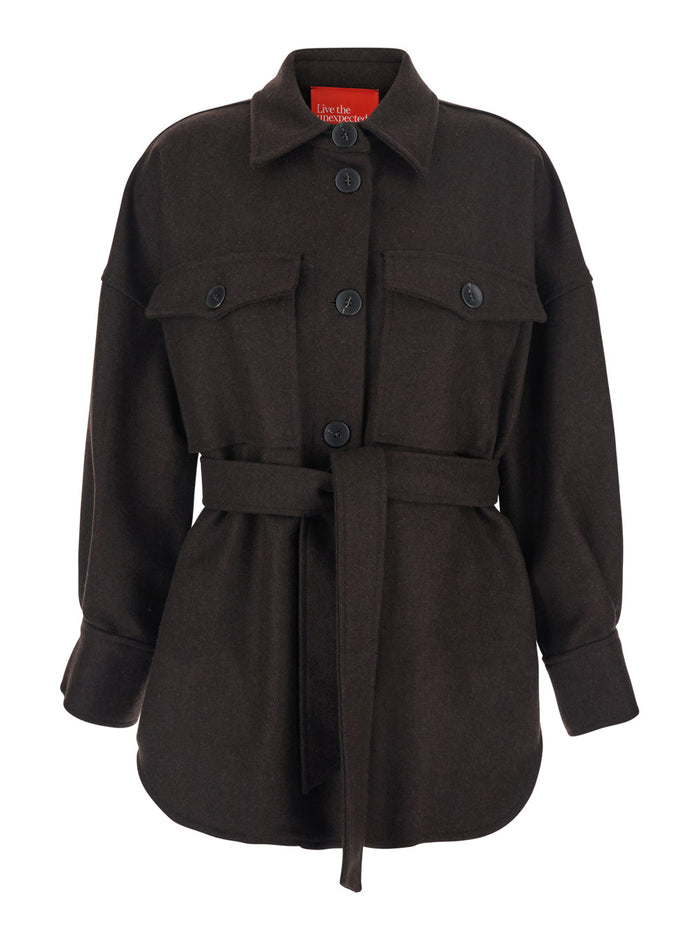 Brown Overshirt With Classic Collar And Belt Wool Blend Woman Shirts Blouses