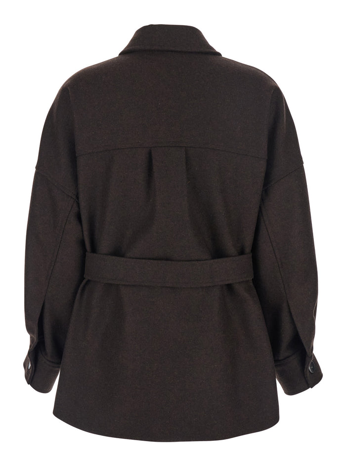 Brown Overshirt With Classic Collar And Belt Wool Blend Woman Shirts Blouses