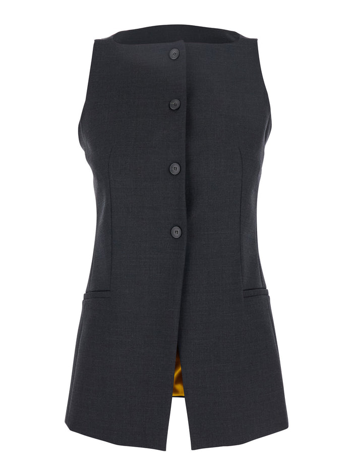 Grey Off-Shoulder Vest With Front Button Closure Fabric Woman Blazers