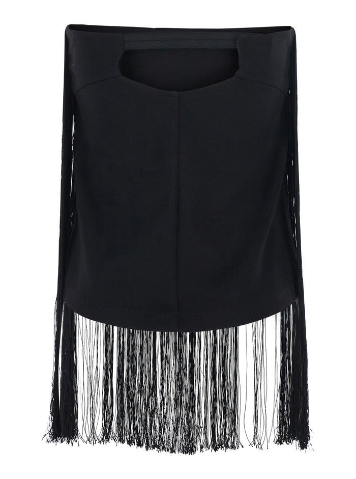 Black Top With Cut Out Detail On The Front And Fringes Applied Back Fabric Woman Tops