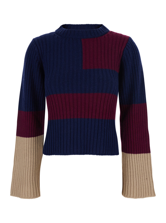 Multicolor Crew Neck Sweater With Block Motif And Ribbed Design Wool Woman Jersey