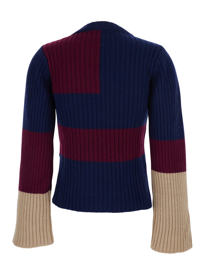 Multicolor Crew Neck Sweater With Block Motif And Ribbed Design Wool Woman Jersey