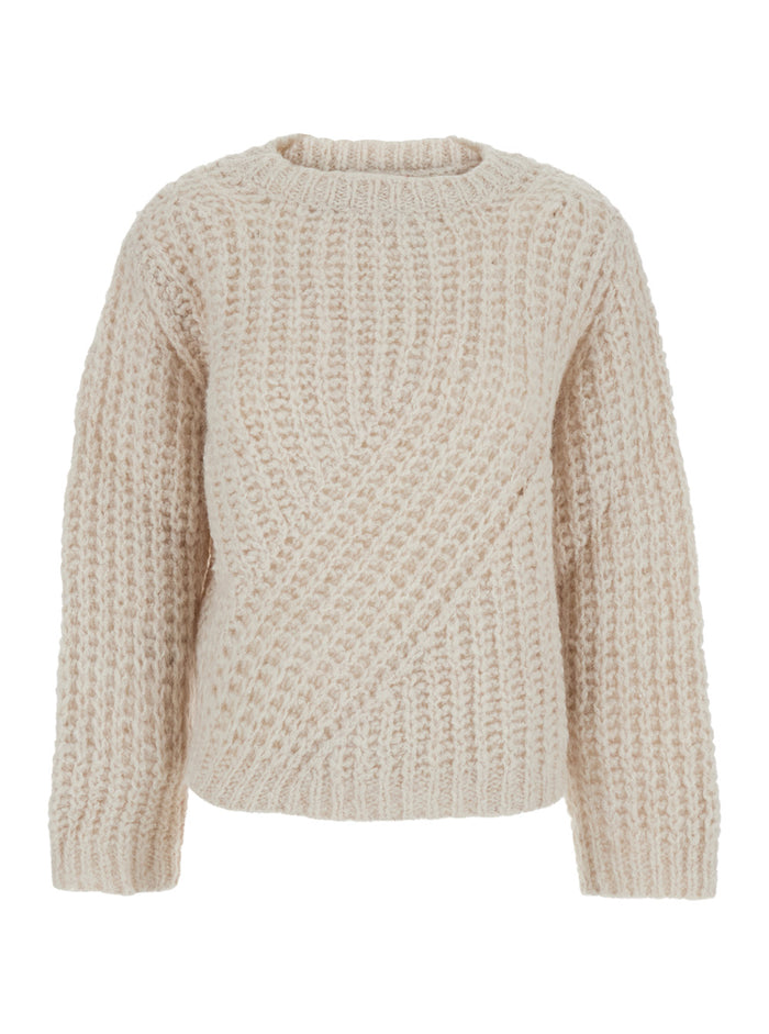 Beige Knit Crewneck Sweater Wool Blend Woman Jersey