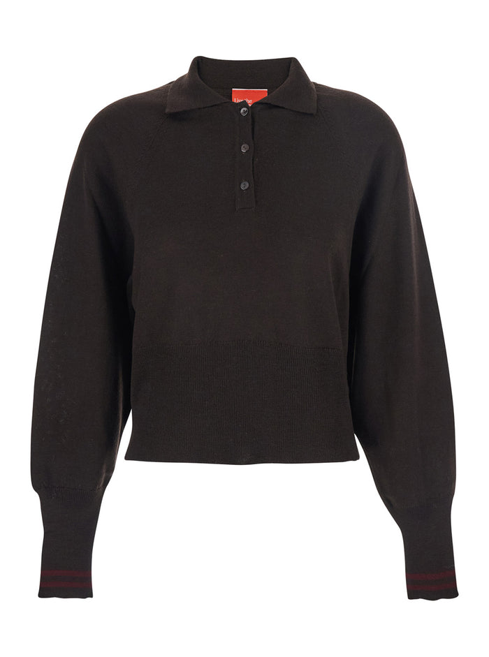 Brown Polo Shirt With Wide Classic Collar And Long-Sleeve Wool Woman Tshirts