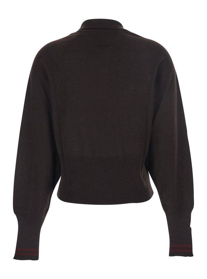 Brown Polo Shirt With Wide Classic Collar And Long-Sleeve Wool Woman Tshirts