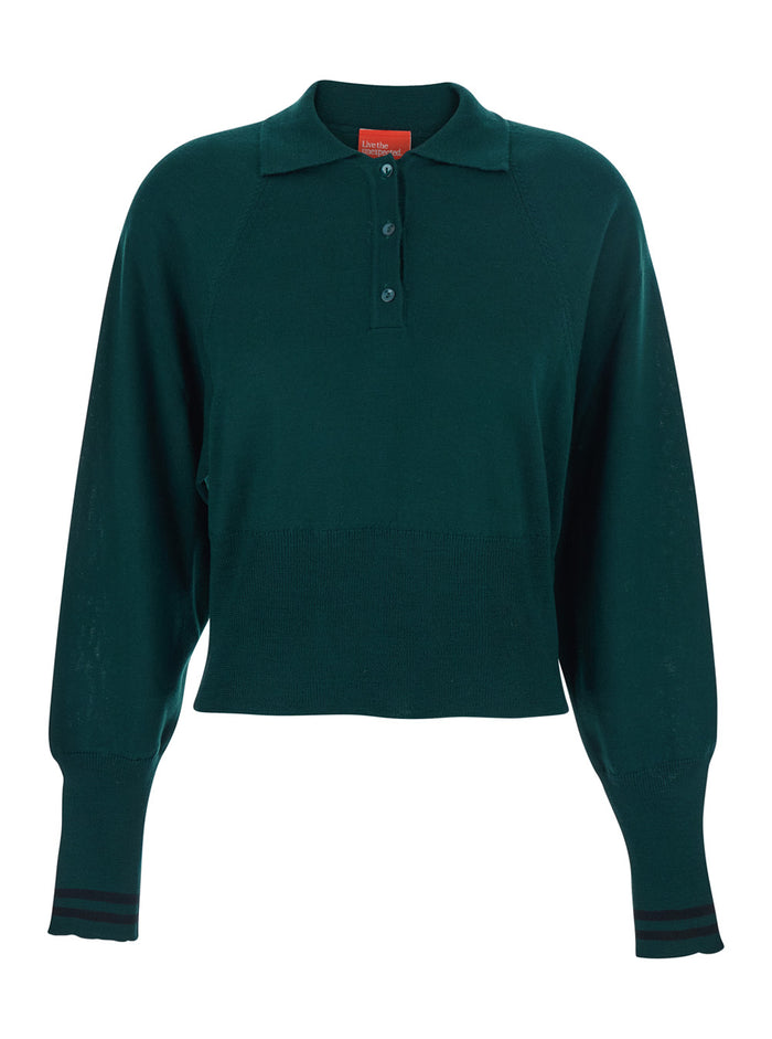 Green Polo Shirt With Wide Classic Collar And Long-Sleeve Wool Woman Tshirts