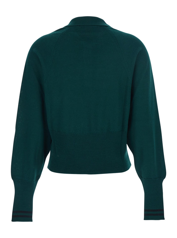 Green Polo Shirt With Wide Classic Collar And Long-Sleeve Wool Woman Tshirts