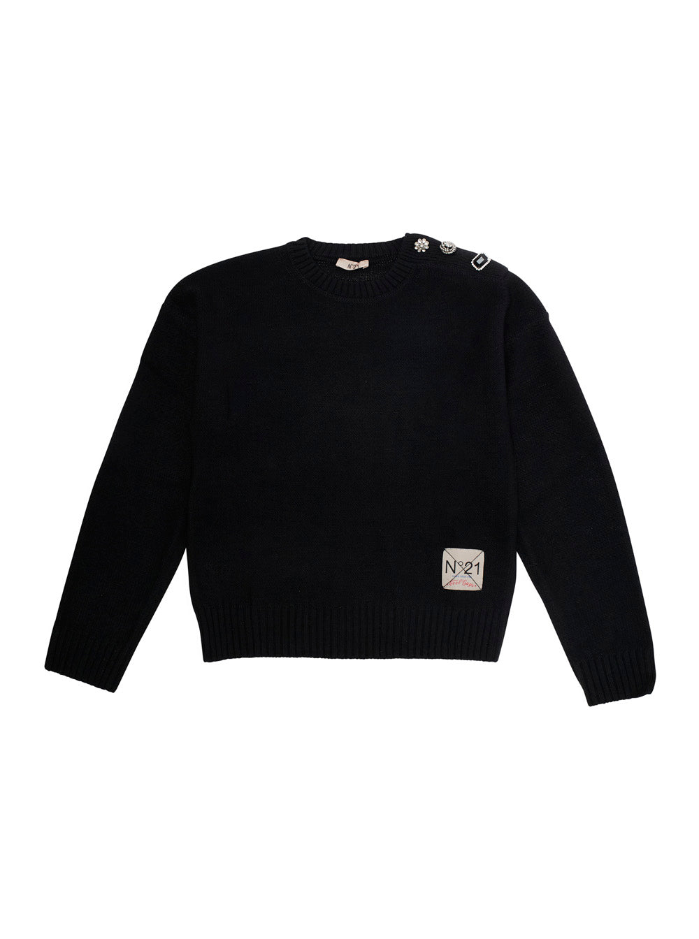 Black Crewneck Sweater With Embellishments On The Sleeve And Logo Patch Front Wool Blend Girl Acrylic Jersey