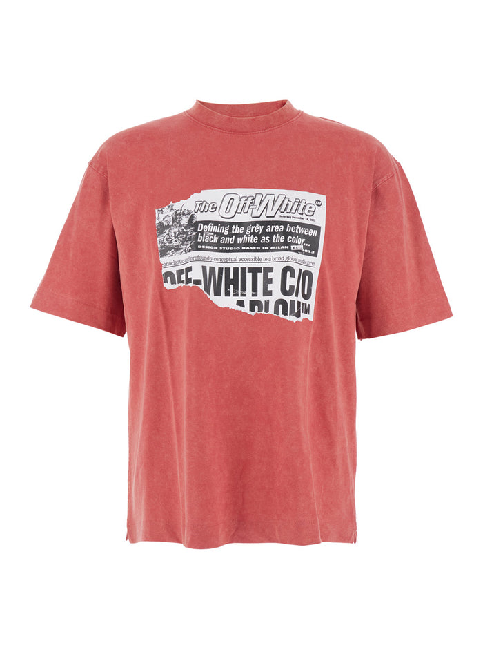 Red Crewneck T-Shirt With Print On Front And Rear Faded Effect Cotton Man Tshirts Polo Shirts