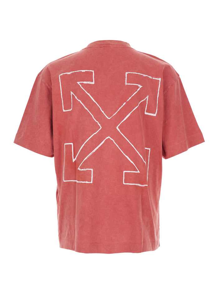 Red Crewneck T-Shirt With Print On Front And Rear Faded Effect Cotton Man Tshirts Polo Shirts