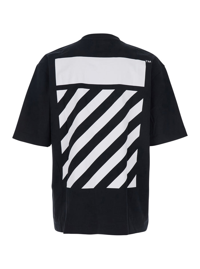 Black Crewneck T-Shirt With Logo Lettering On The Front And Maxi Diagonal Motif Rear Cotton Man Tshirts Polo Shirts