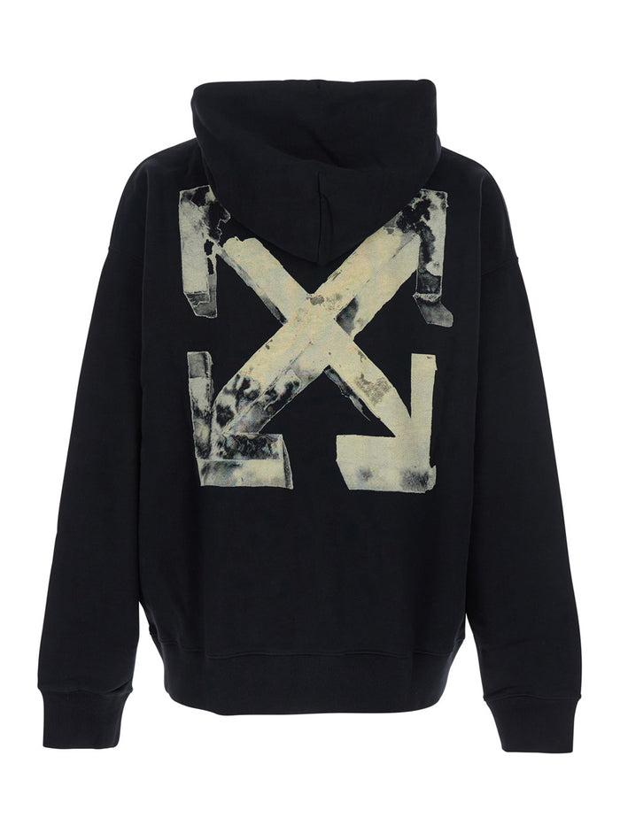 Cloudy Arrow Black Hoodie With Drawstring Hood And Maxi Arrows Motif On The Rear Cotton Man Sweatshirts