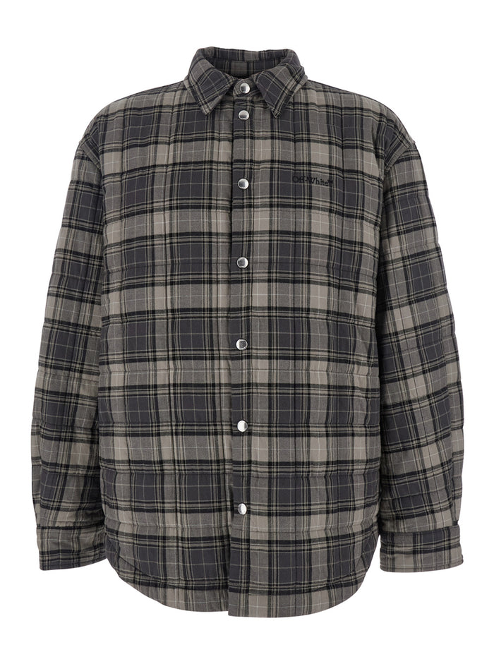 Grey Shirt With Logo Lettering On The Front And All-Over Check Motif Cotton Man Blouses