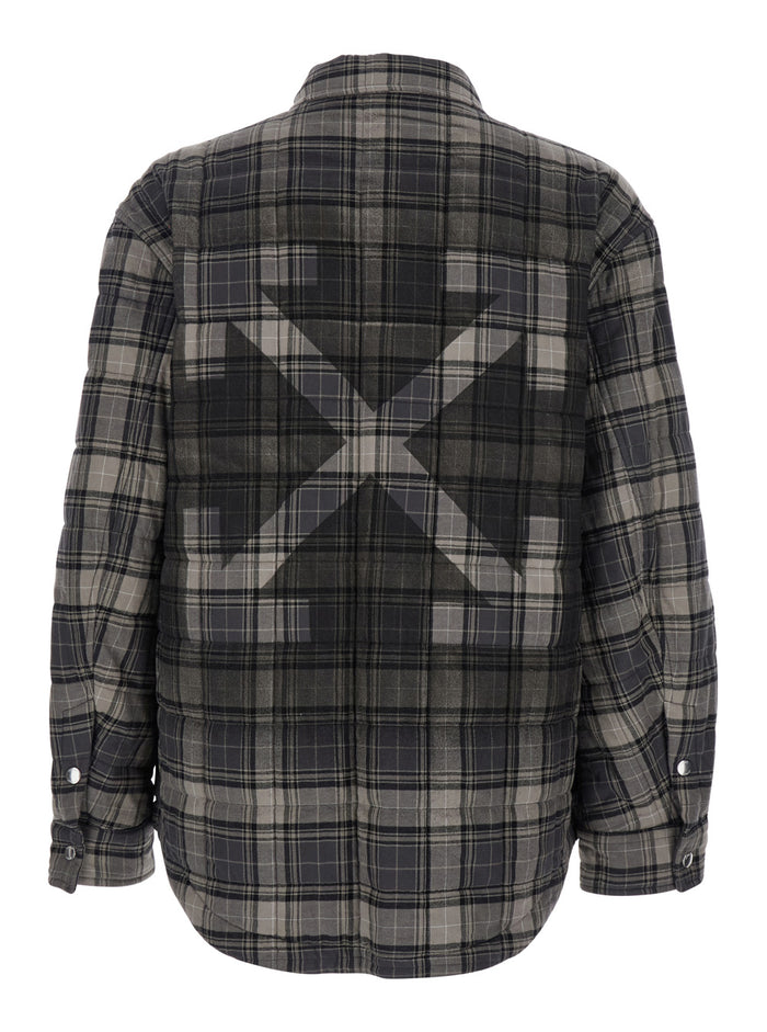 Grey Shirt With Logo Lettering On The Front And All-Over Check Motif Cotton Man Blouses