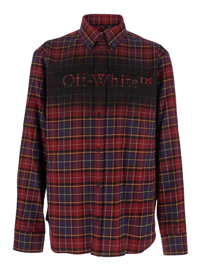 Bordeaux Shirt with Maxi Logo Lettering on the Front and All-Over Check Motif in Wool Man Blouses