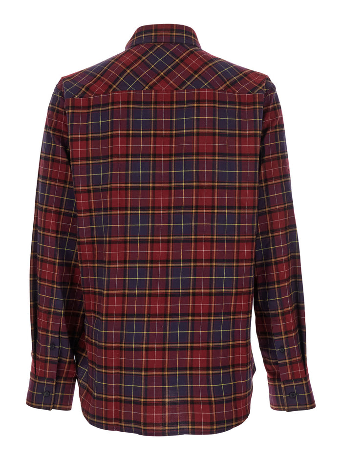 Bordeaux Shirt with Maxi Logo Lettering on the Front and All-Over Check Motif in Wool Man Blouses