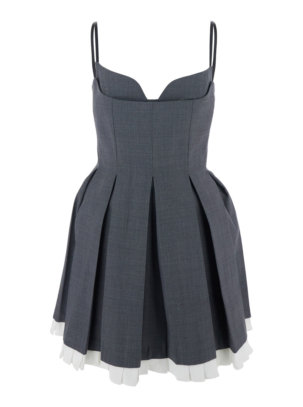 Grey Pleated Sleeveless Dress With Sweetheart Neckline And Contrasting Hem Wool Blend Woman Polyester
