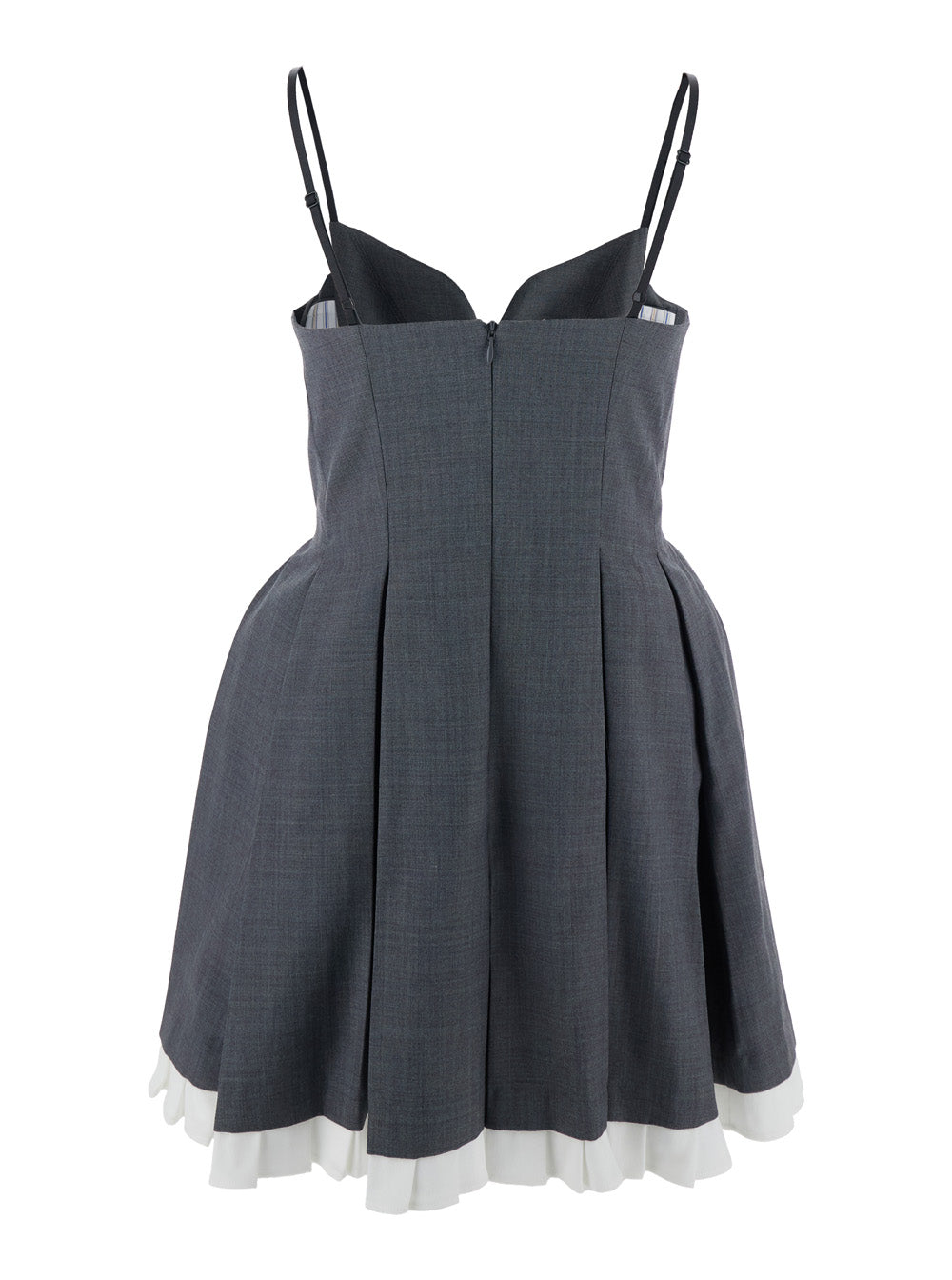 Grey Pleated Sleeveless Dress With Sweetheart Neckline And Contrasting Hem Wool Blend Woman Polyester
