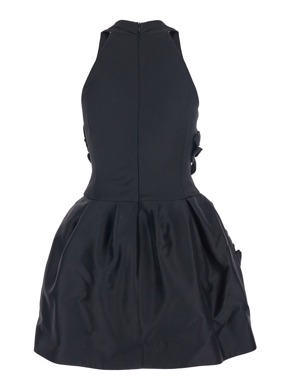Black Sleeveless Pleated Dress with Round Neck and Floral Embroidery in Fabric Woman