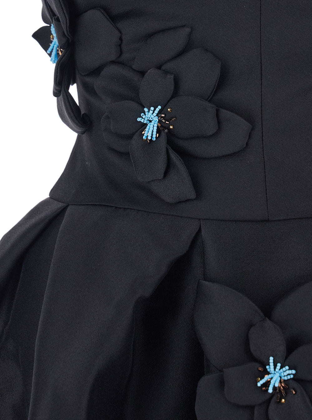Black Sleeveless Pleated Dress with Round Neck and Floral Embroidery in Fabric Woman
