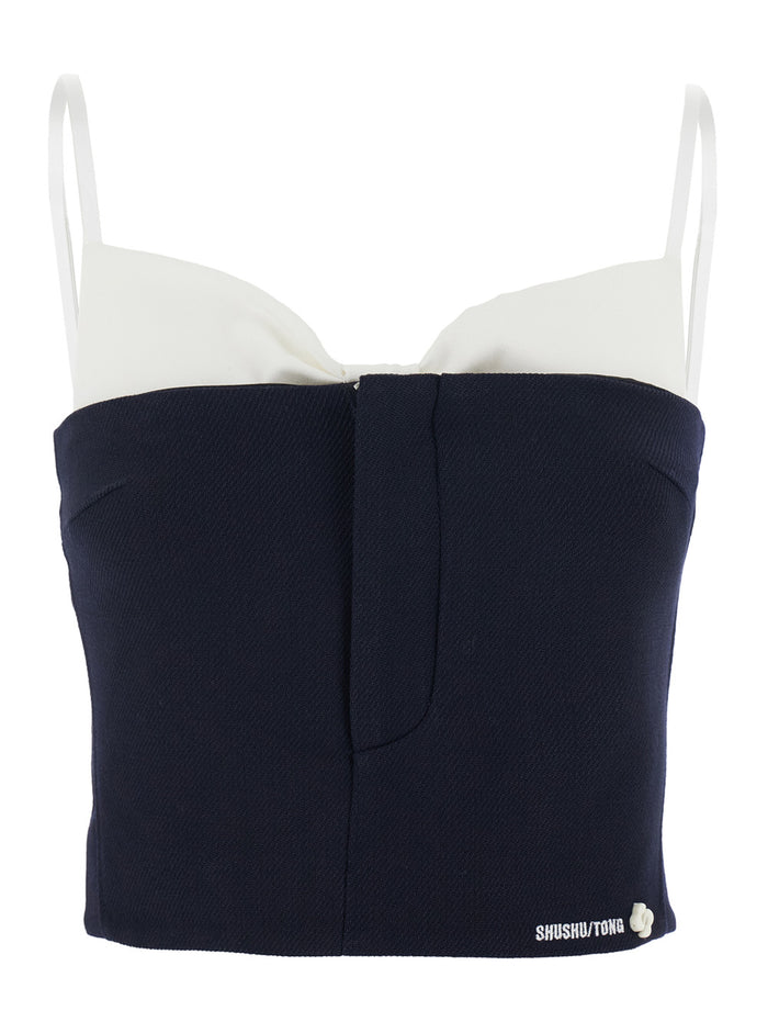 Black Sleeveless Top with Bow on the Rear and Logo Embroidery Front in Wool Woman Jersey
