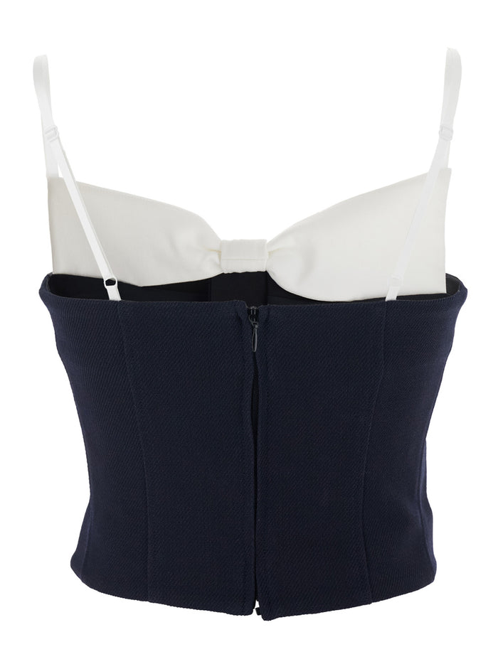 Black Sleeveless Top with Bow on the Rear and Logo Embroidery Front in Wool Woman Jersey