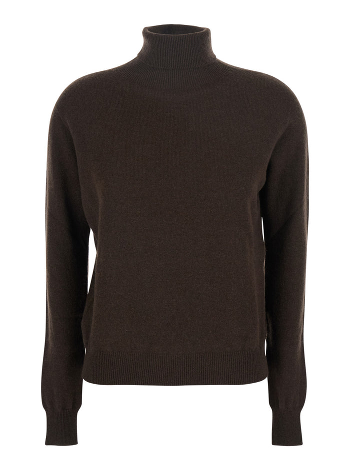 Brown Turtleneck Sweater With Ribbed Trims Cashmere Woman Jersey