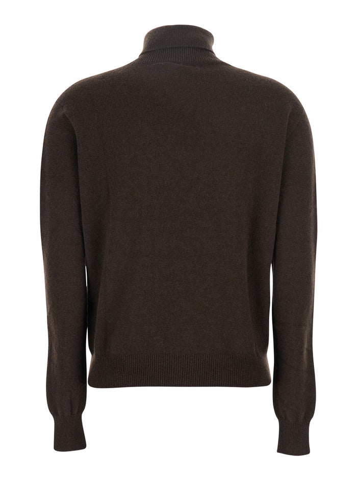 Brown Turtleneck Sweater With Ribbed Trims Cashmere Woman Jersey