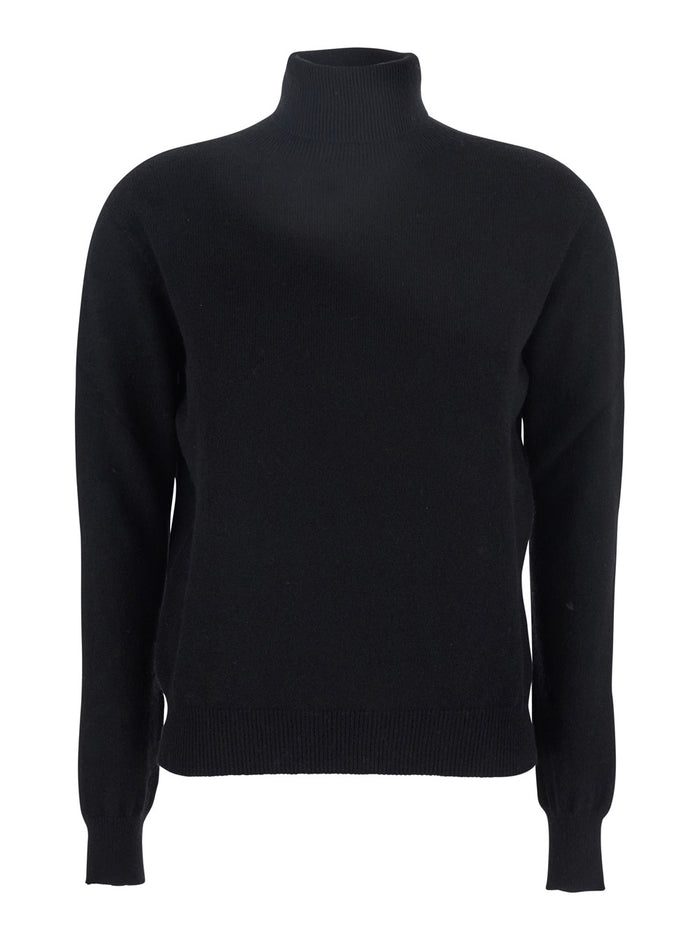 Black Turtleneck Sweater With Ribbed Trims Cashmere Woman Jersey
