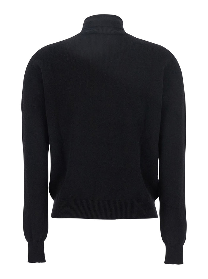 Black Turtleneck Sweater With Ribbed Trims Cashmere Woman Jersey