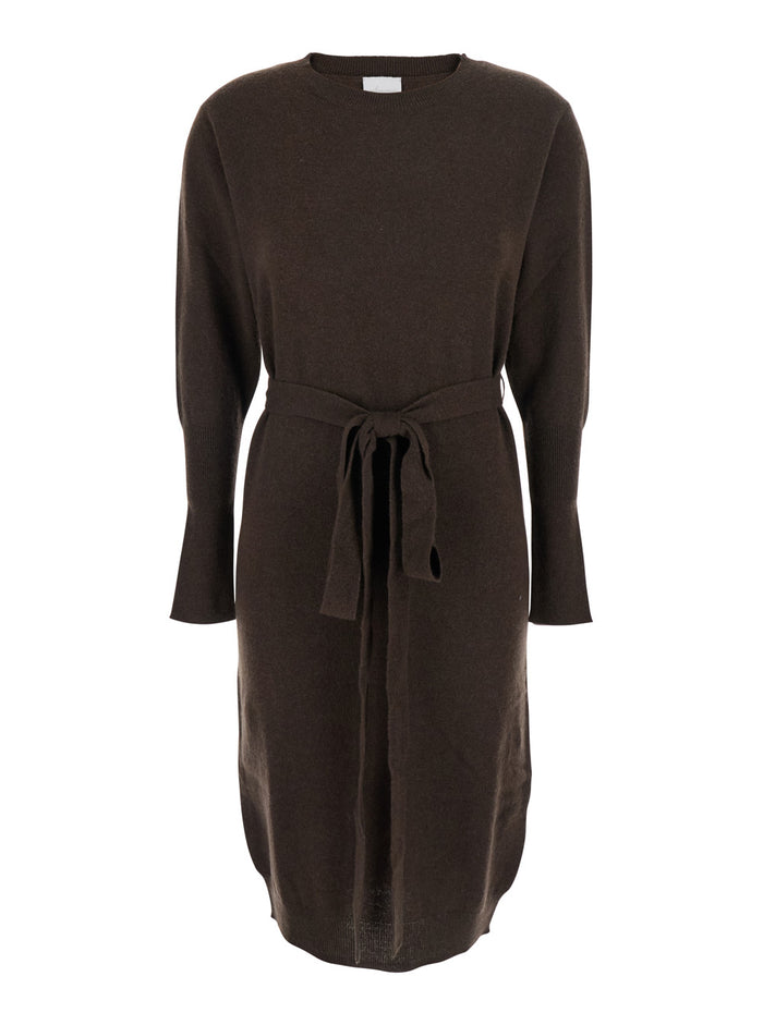 Brown Crewneck Dress With Front Belt Cashmere Woman